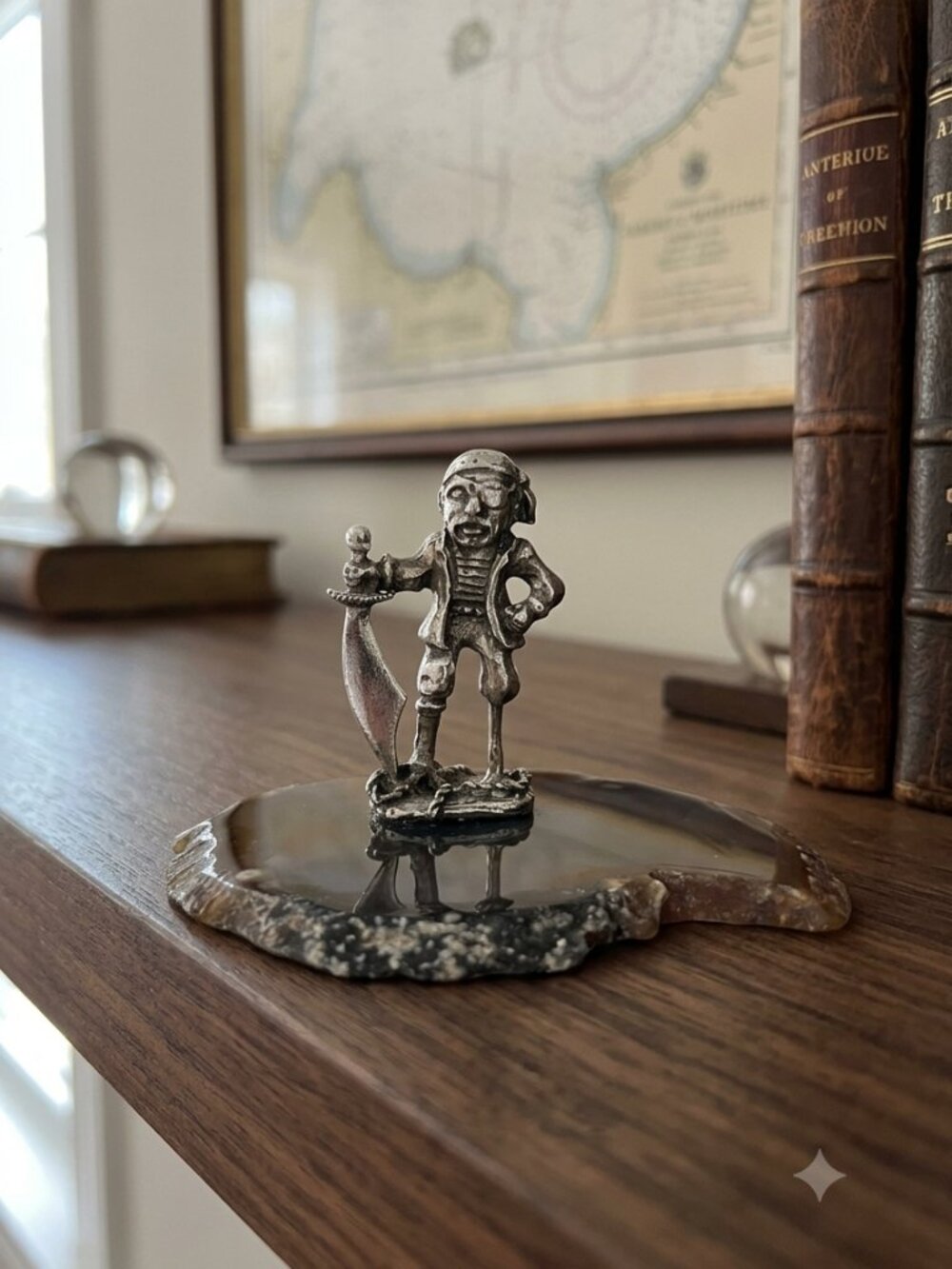 Silver Pirate Pewter Figurine on Brown Agate Accent